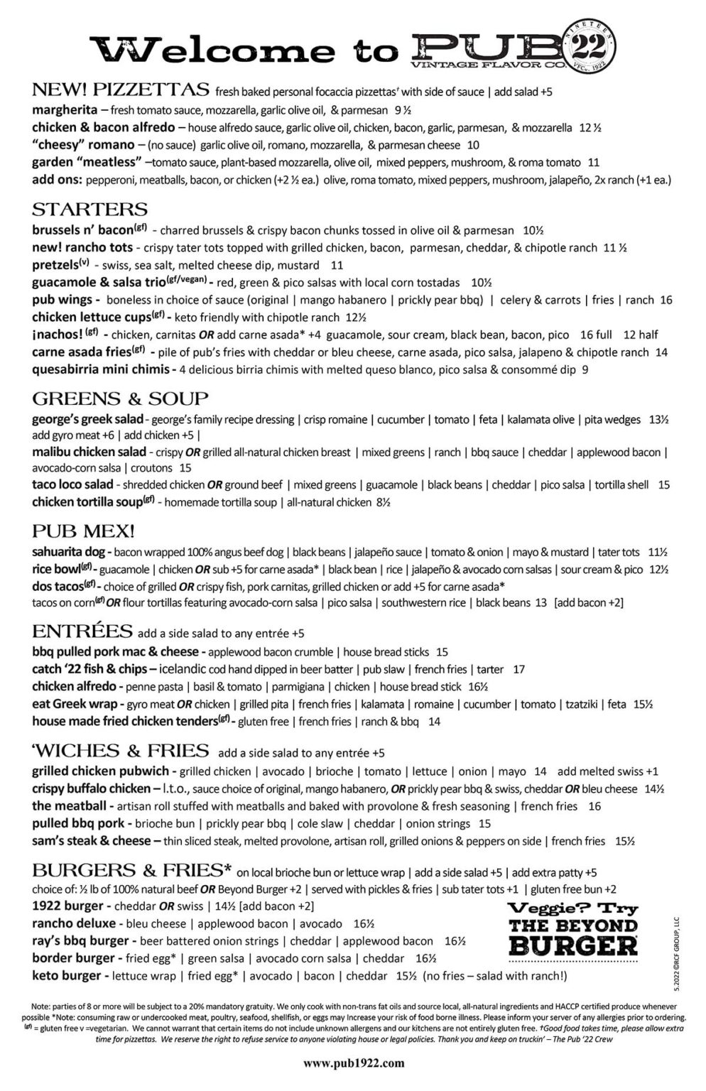 Menu - Pub 1922